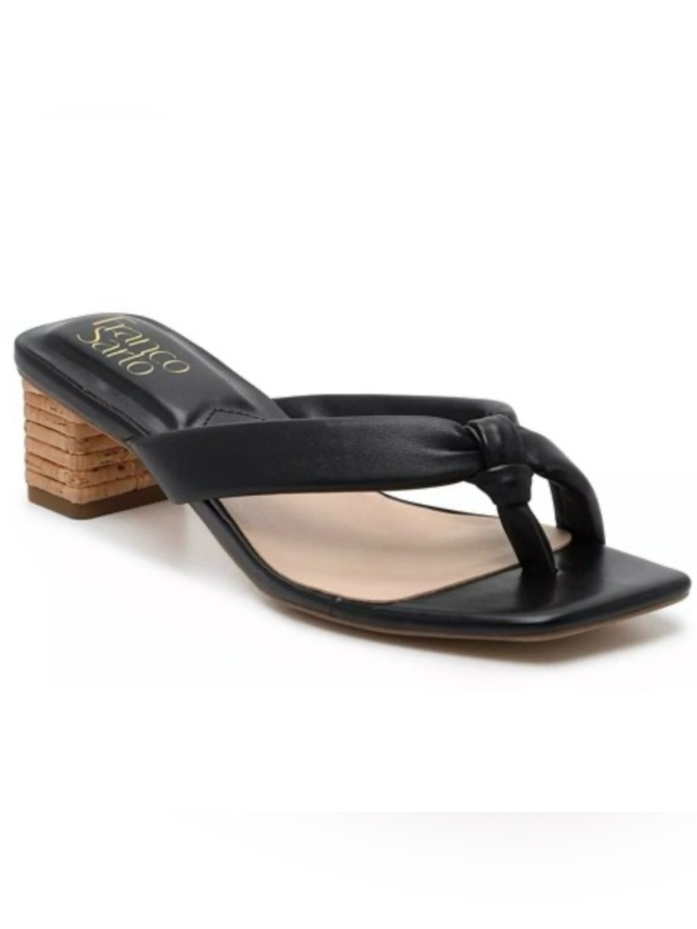 Franco Sarto Cristal Black Leather Knotted Kitten Heel Sandals